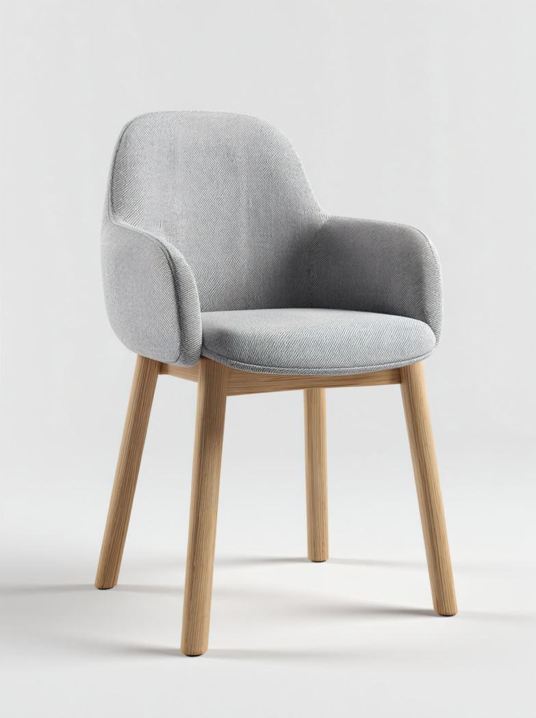 Chaise en tissu gris avec accoudoirs et pieds en bois