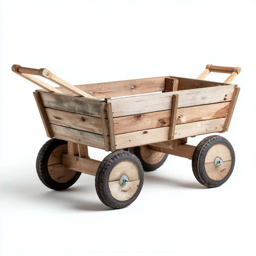 Chariot de jardin en bois massif couleur naturelle à quatre roues