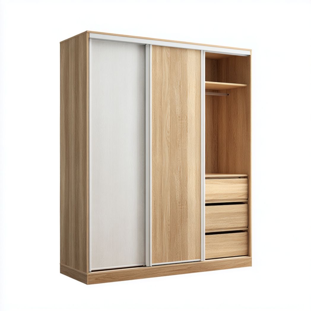 Armoire à deux portes coulissantes en bois et blanc avec trois tiroirs et cloisons