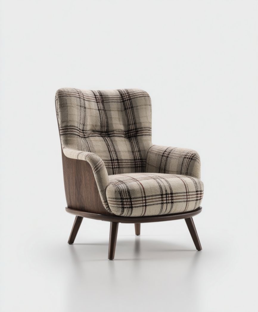 Fauteuil en tissu à carreaux beige et brun avec coussin d’assise et accoudoirs arrondis, pieds en bois