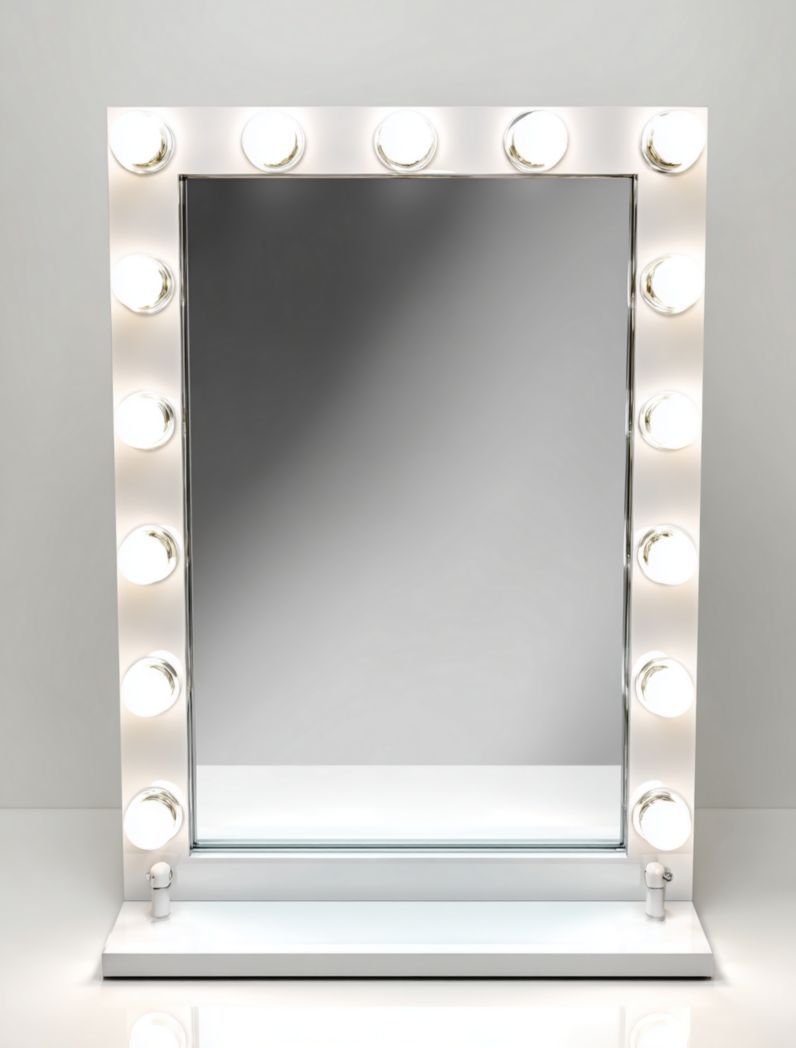 Miroir rectangulaire avec cadre blanc et ampoules intégrées