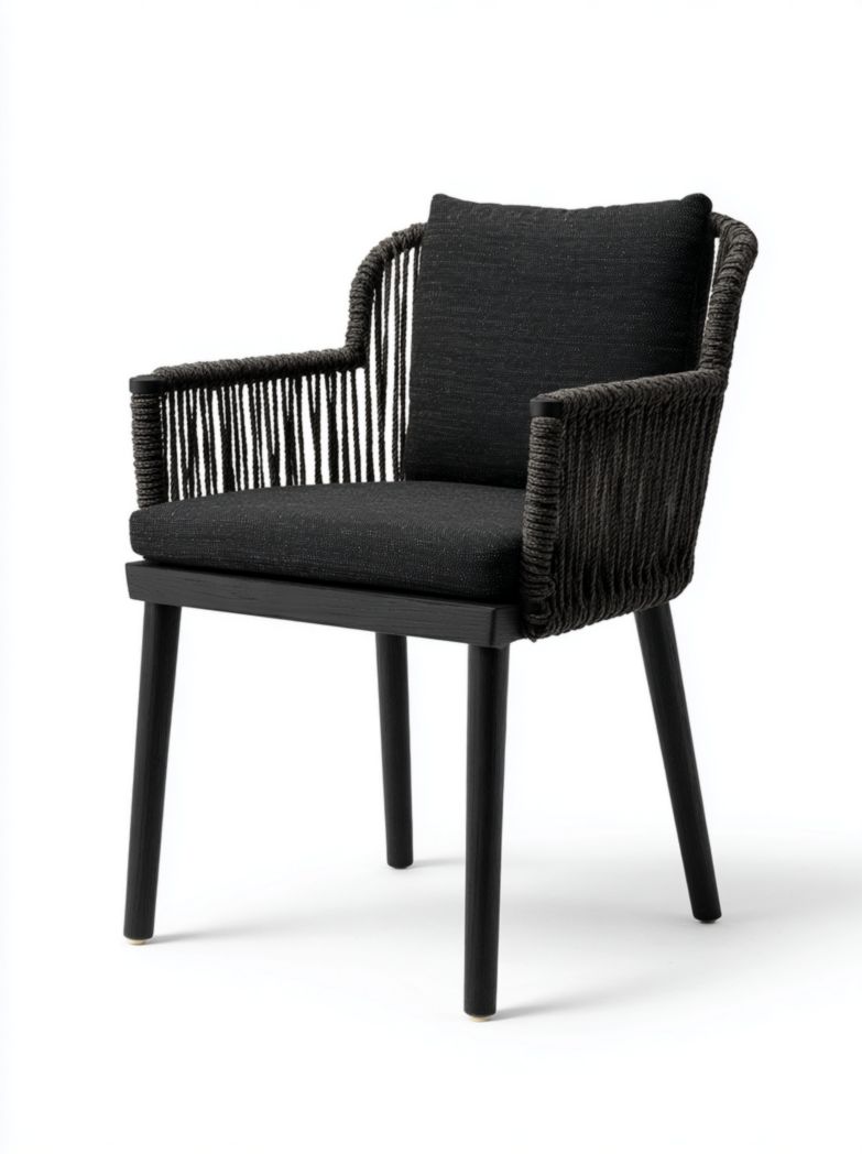 Chaise de jardin en corde noire avec accoudoirs et dossier, avec coussins d'assise et de dossier