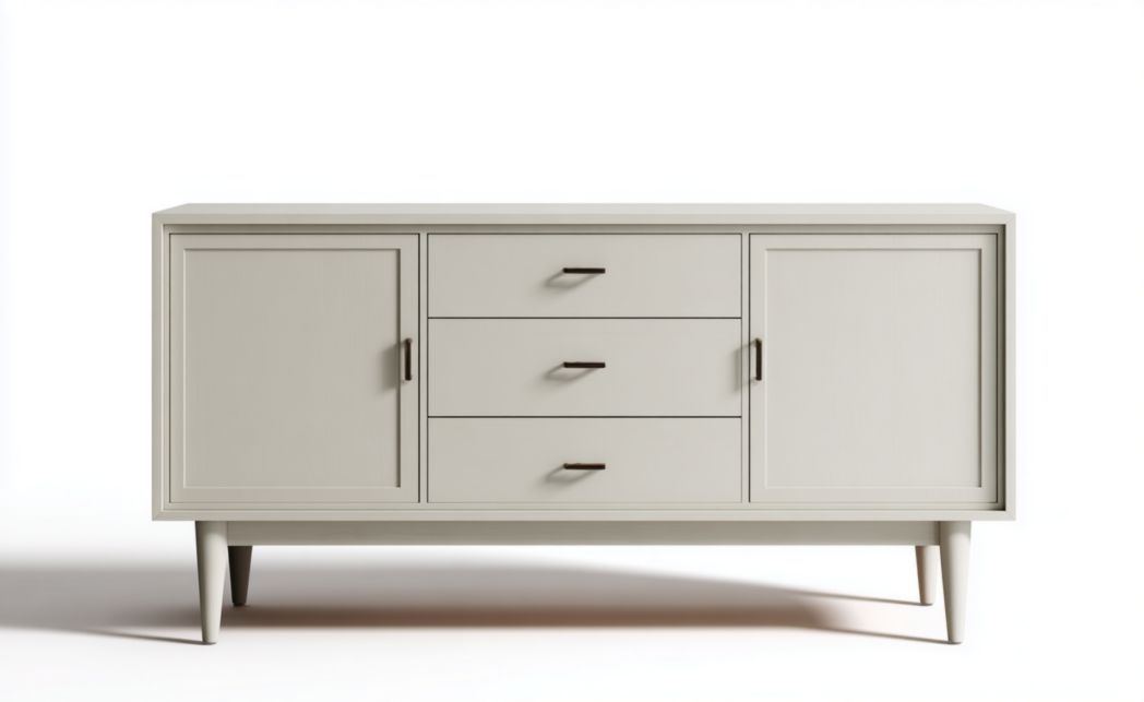 Buffet en bois gris clair, 2 portes et 3 tiroirs, meuble rectangulaire avec pieds coniques