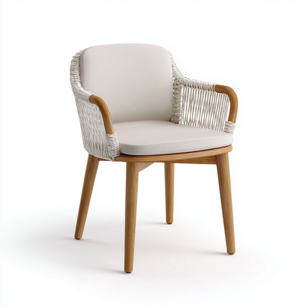 Fauteuil avec structure en bois, dossier en rotin blanc et coussins en tissu