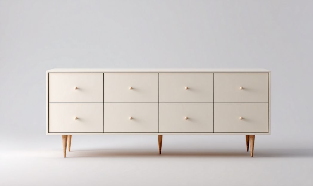 Commode à huit tiroirs en bois beige avec poignées rondes et pieds fuselés