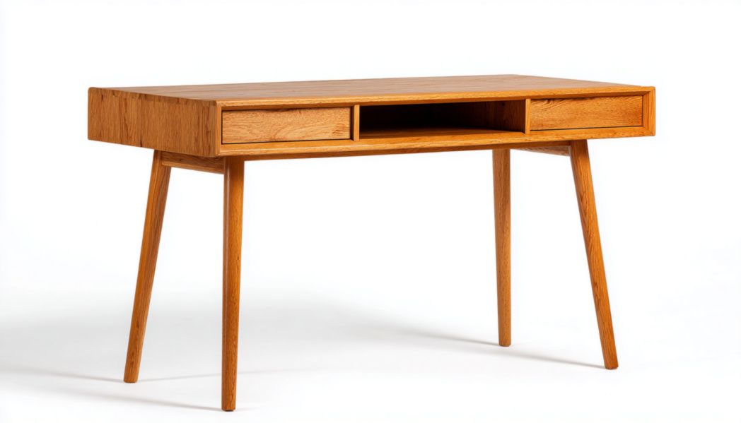 Bureau en bois marron clair, plateau rectangulaire, deux tiroirs et un compartiment ouvert