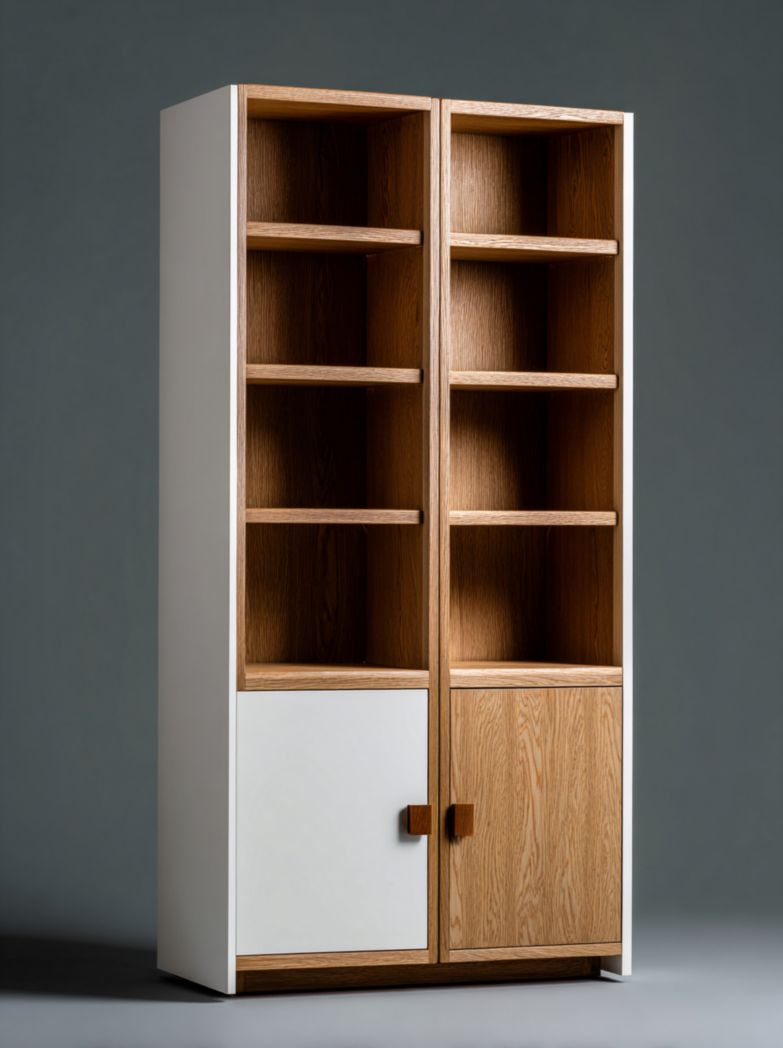 Bibliothèque rectangulaire à huit compartiments bicolore blanc et bois