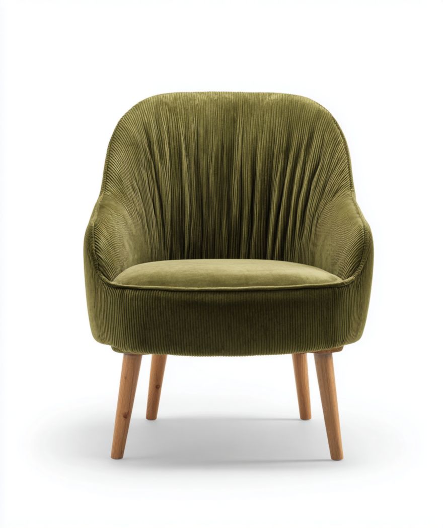 Fauteuil en velours côtelé vert avec assise fixe et pieds en bois