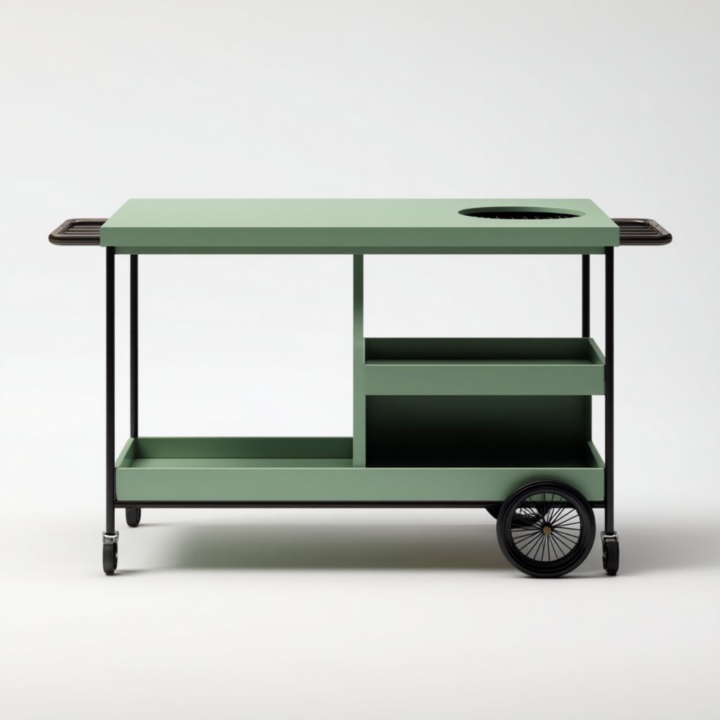 Desserte de jardin en métal vert avec cadre noir à deux grandes roues