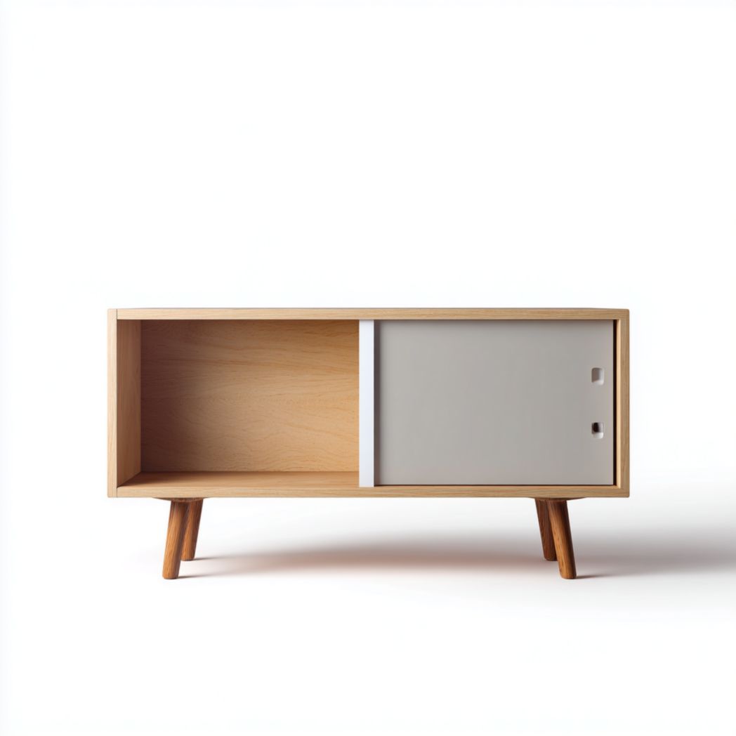 Meuble TV en bois clair avec porte coulissante blanche