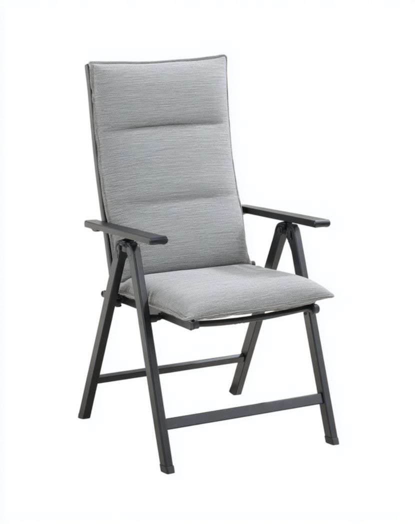 Chaise de jardin pliante en métal noir avec coussin en tissu gris
