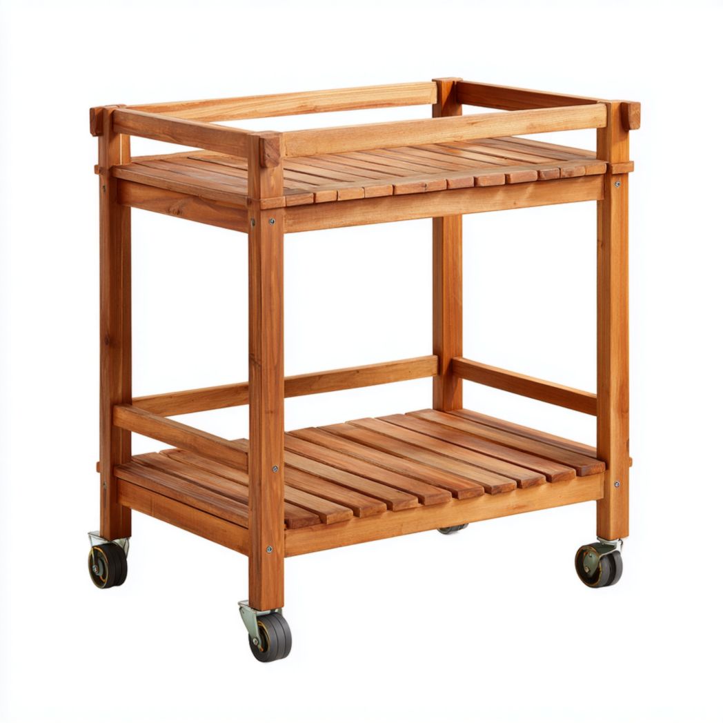 Desserte de jardin en teck naturel à deux niveaux avec roulettes