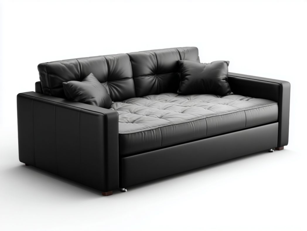 Canapé-lit en similicuir noir 2 dossiers 2 coussins