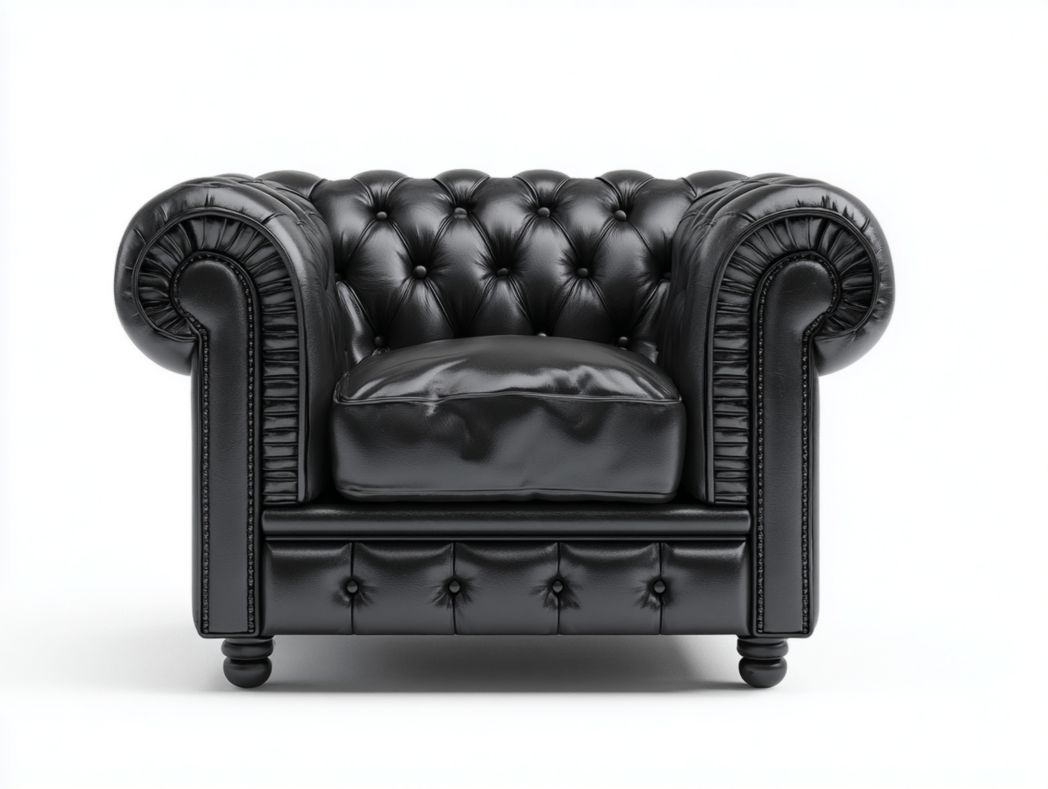 Fauteuil en cuir noir capitonné avec pieds en bois