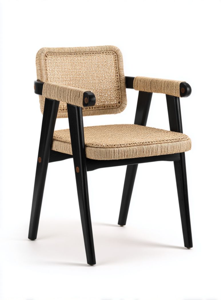 Chaise de jardin en bois noir avec assise et dossier tressés beige