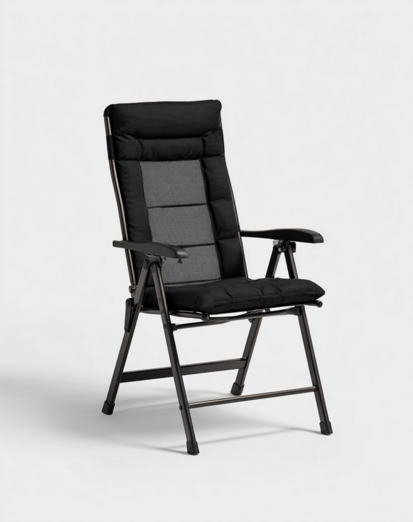 Chaise de jardin pliante en aluminium noir avec coussin et dossier en toile