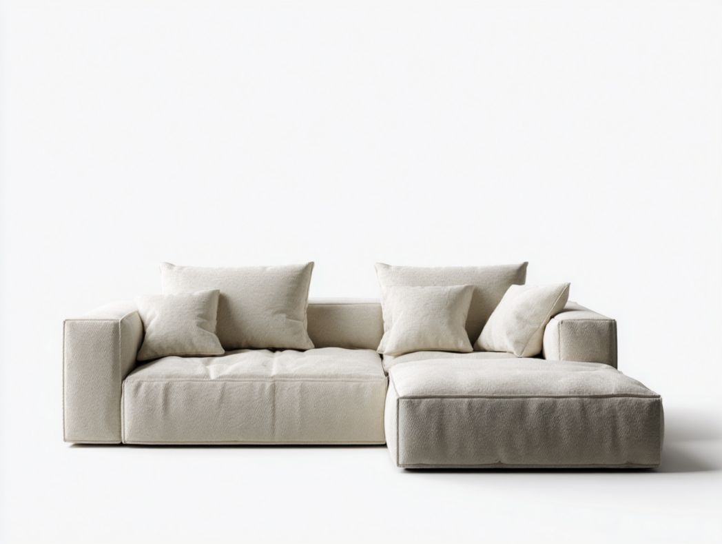 Canapé d’angle beige 2 dossiers 3 coussins