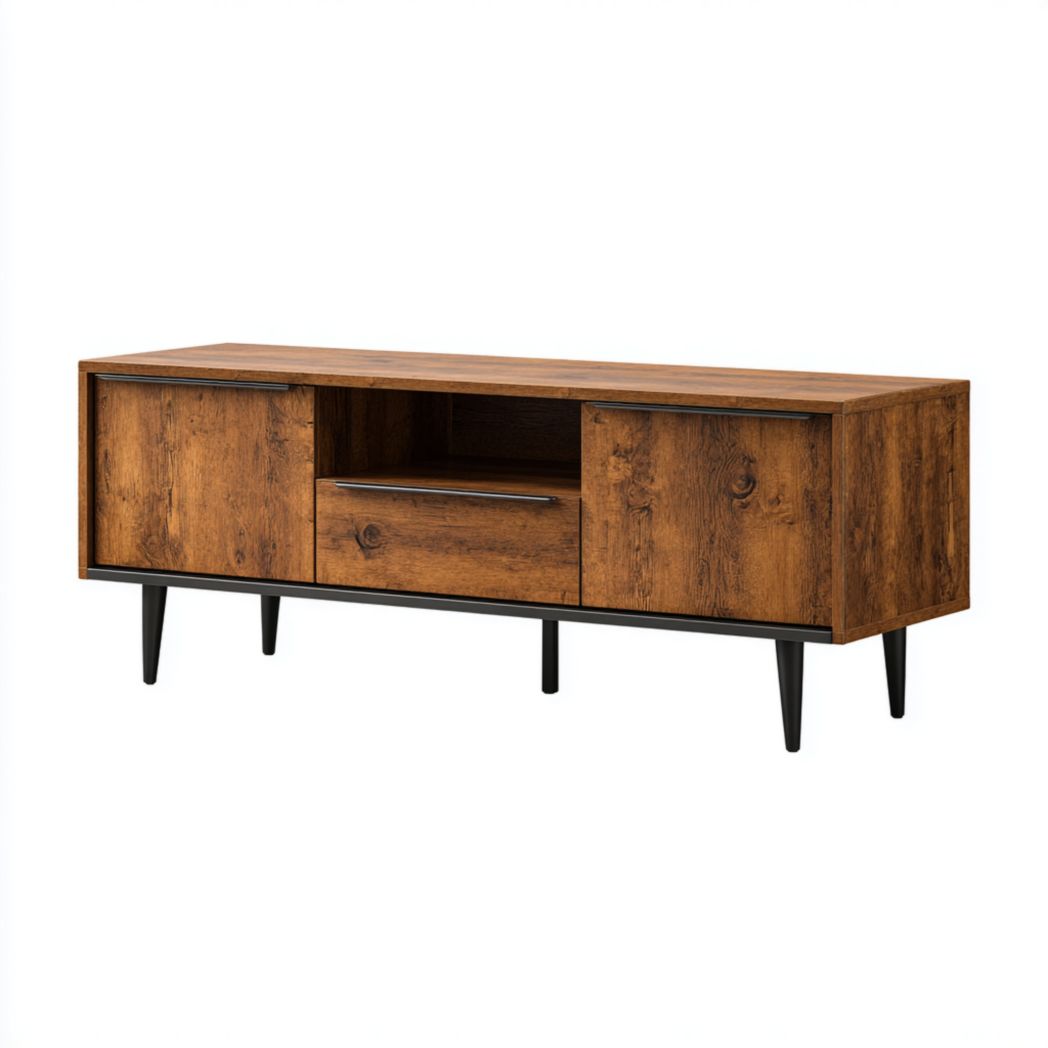 Meuble TV en bois brun avec pieds en métal noir