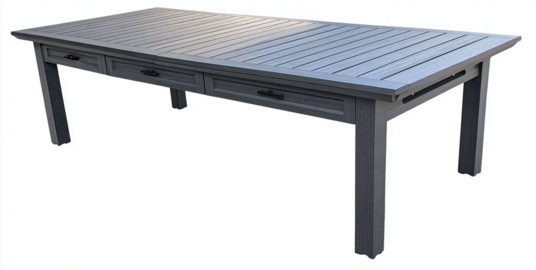 Table de jardin rectangulaire en aluminium imitation bois gris avec tiroirs