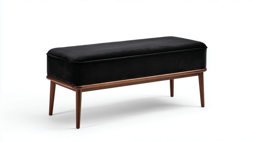 Banc rectangulaire en velours noir avec pieds en bois noyer