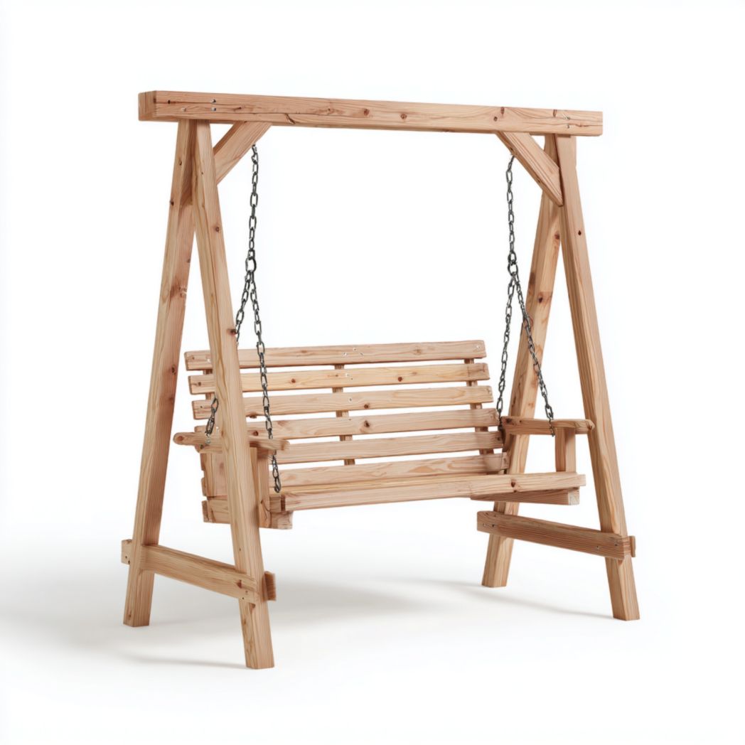 Balancelle de jardin deux places en bois naturel avec chaînes métalliques