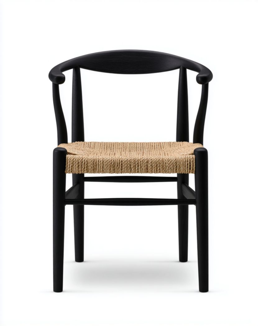 Chaise de jardin en bois noir avec assise en fibre tressée naturelle
