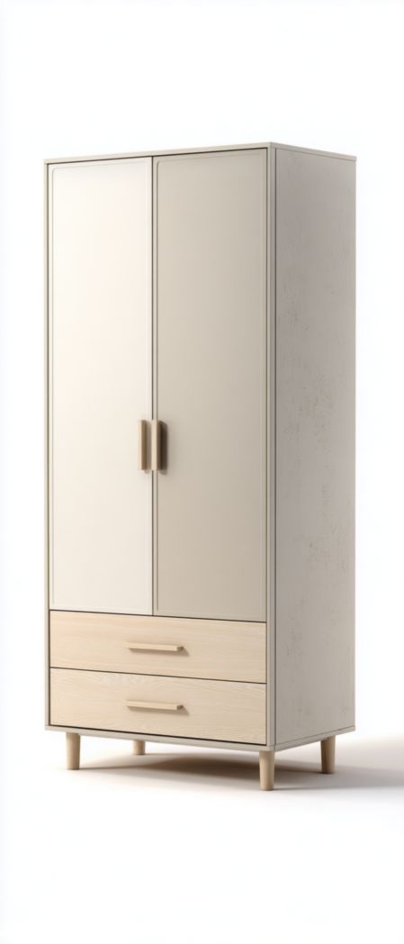 Armoire en bois deux portes deux tiroirs finition beige et chêne clair