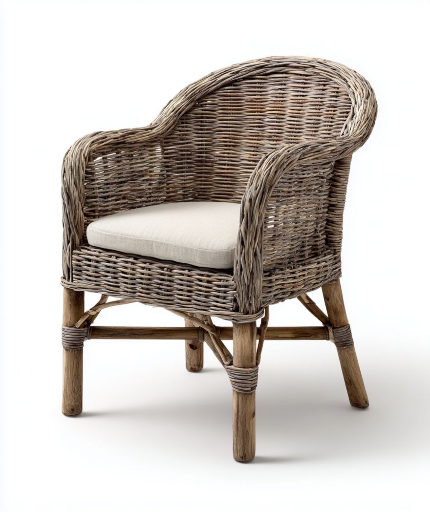 Chaise de jardin en rotin gris brun avec coussin en lin beige