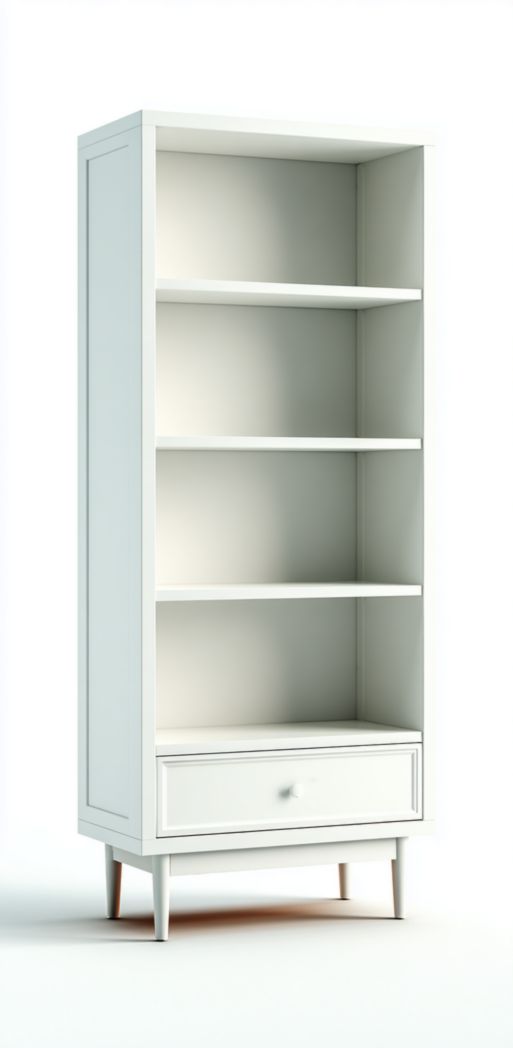 Bibliothèque en bois blanc, quatre niveaux ouverts avec tiroir inférieur
