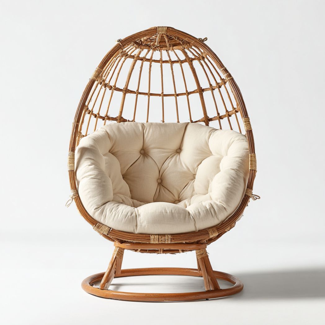Fauteuil suspendu œuf en rotin naturel avec coussin beige