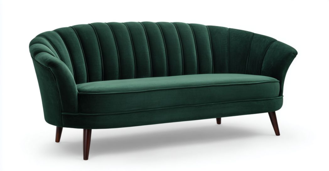 Canapé 2 places en tissu vert avec dossier en éventail et pieds en bois, sans coussins