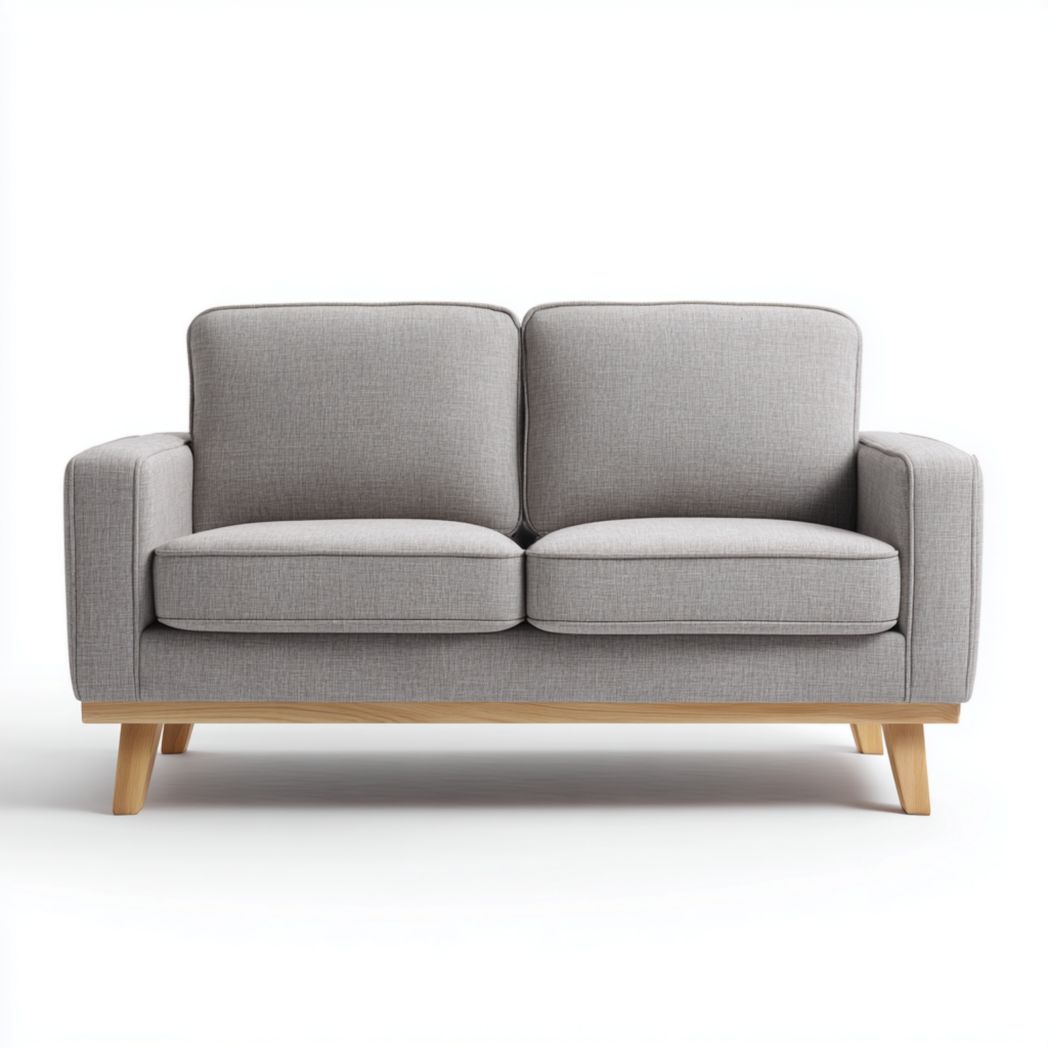 Canapé 2 places en tissu gris clair avec base en bois, sans coussins