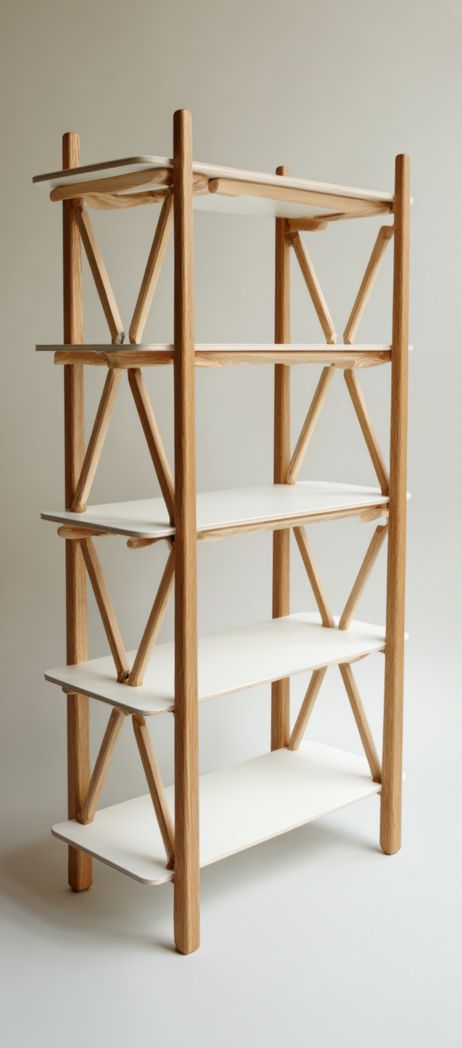 Étagère en bois naturel et blanc, structure à cinq niveaux, côtés à croisillons