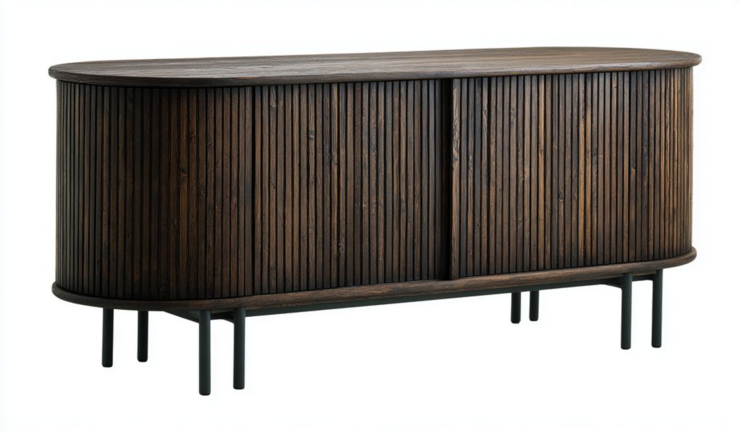 Meuble TV ovale en bois foncé avec deux portes coulissantes, finition rainurée et pieds métalliques noirs