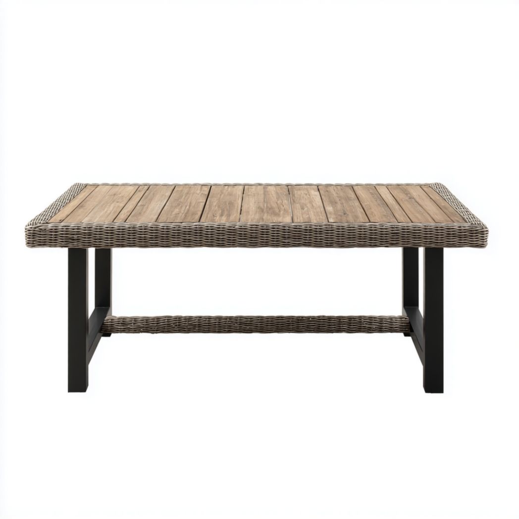 Table rectangulaire plateau bois bord rotin structure métal noir