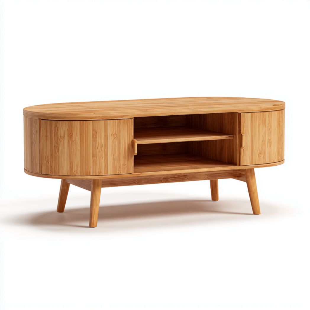 Table basse ovale en bambou avec rangements fermés et ouverts