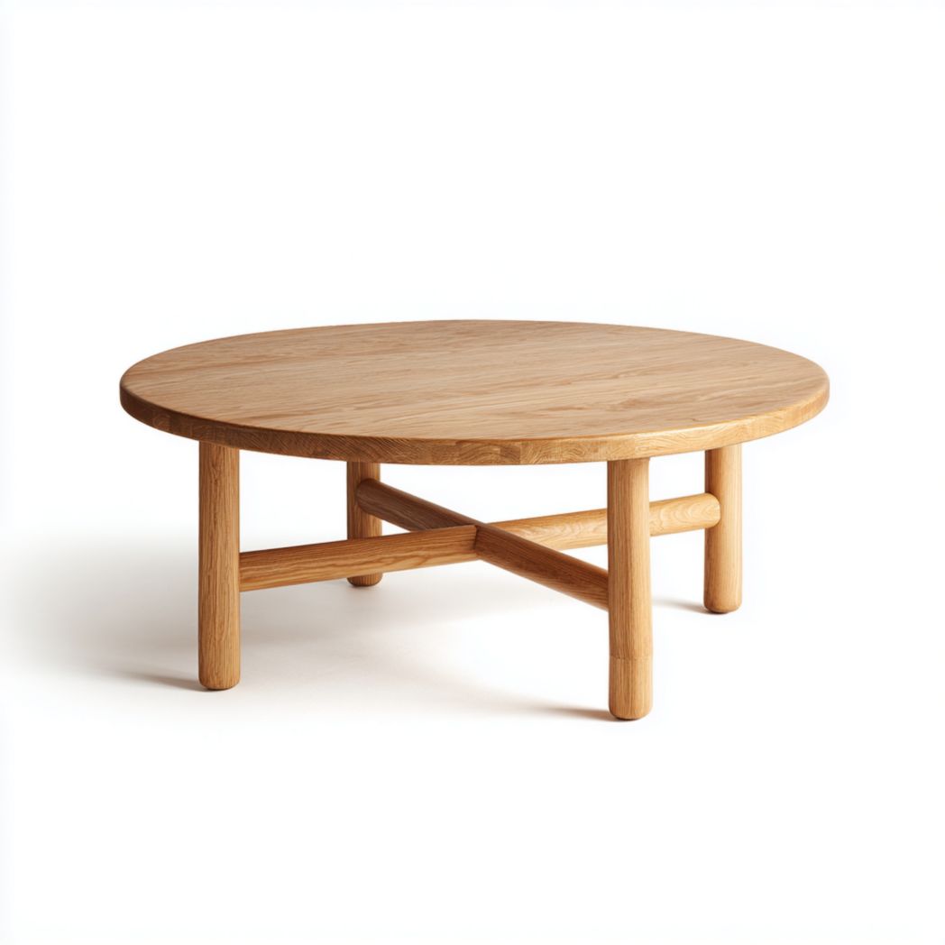 Table basse ronde en chêne couleur naturelle avec quatre pieds cylindriques sans tiroirs ni portes