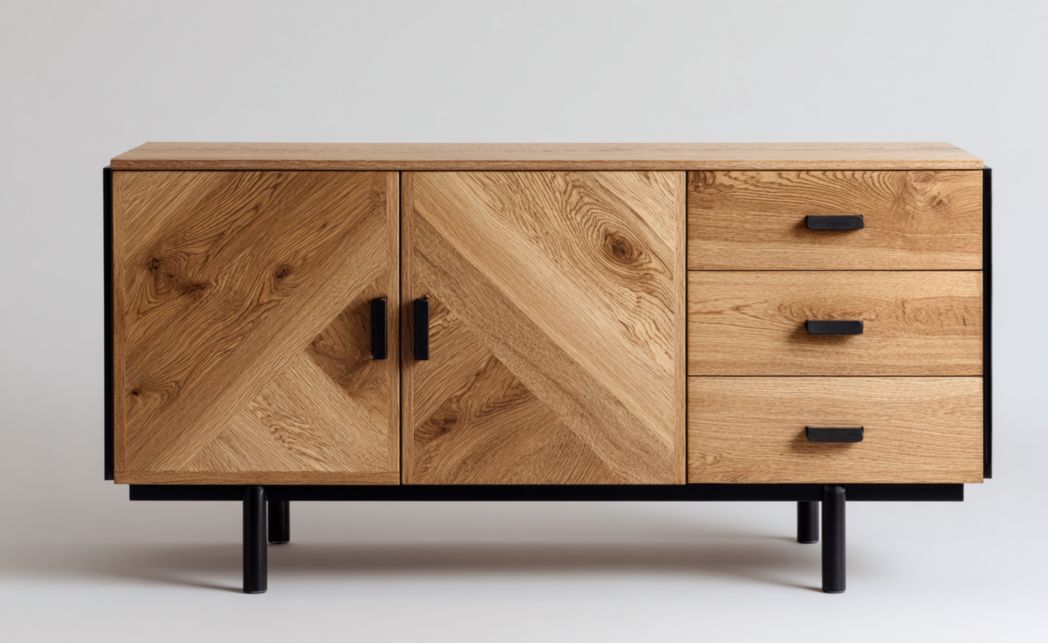 Buffet en bois, 2 portes et 3 tiroirs, façades à motif chevron avec poignées métalliques noires
