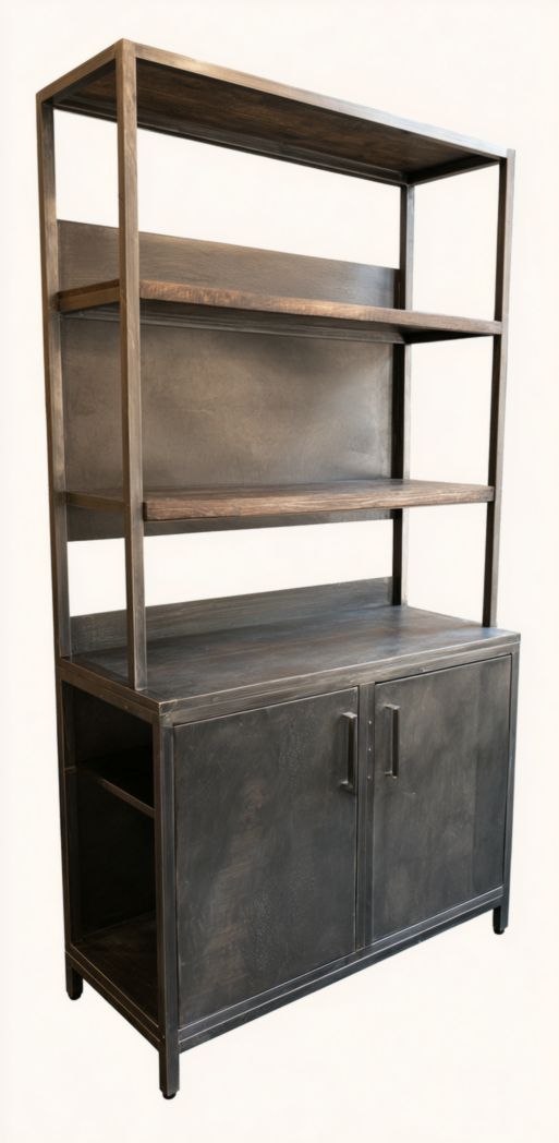 Meuble combiné en métal et bois noir, trois niveaux ouverts avec armoire à deux portes