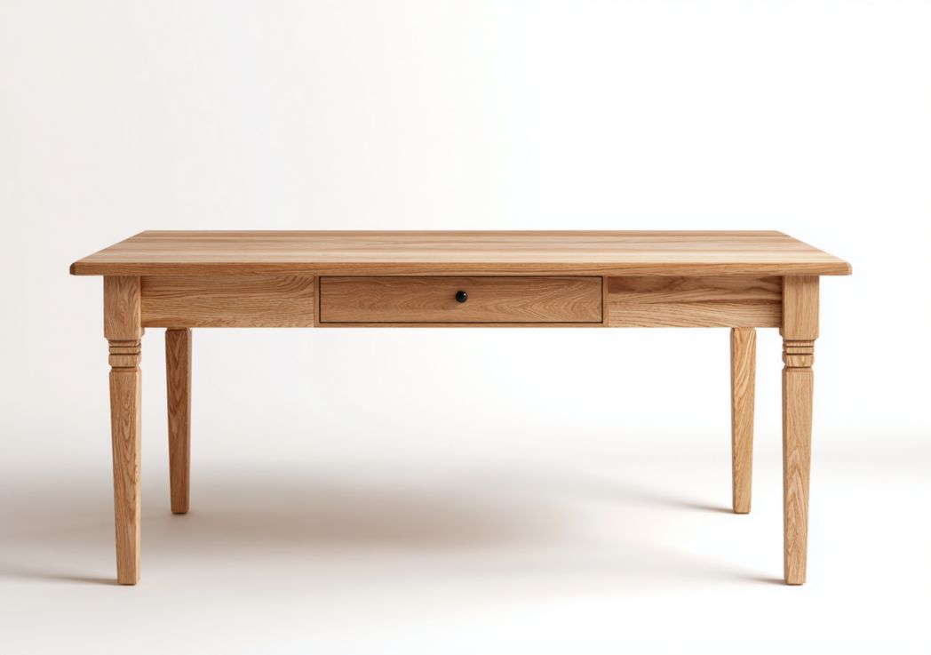Bureau en bois naturel, plateau rectangulaire, un tiroir central, quatre pieds en bois