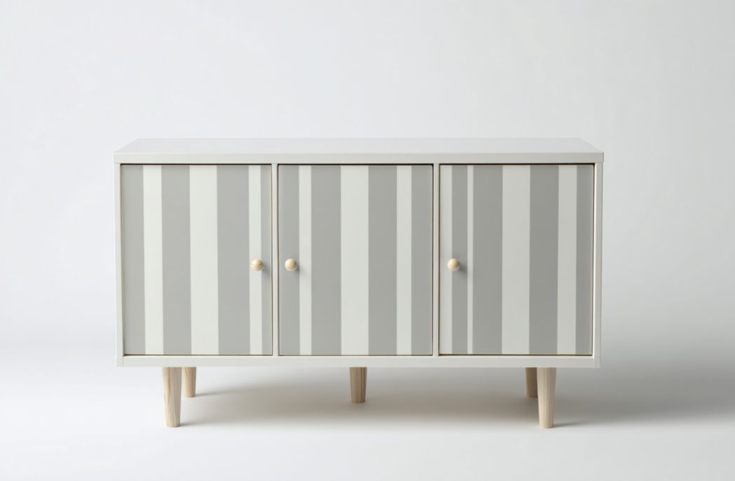 Buffet en bois à rayures grises et blanches, 3 portes avec poignées rondes en bois