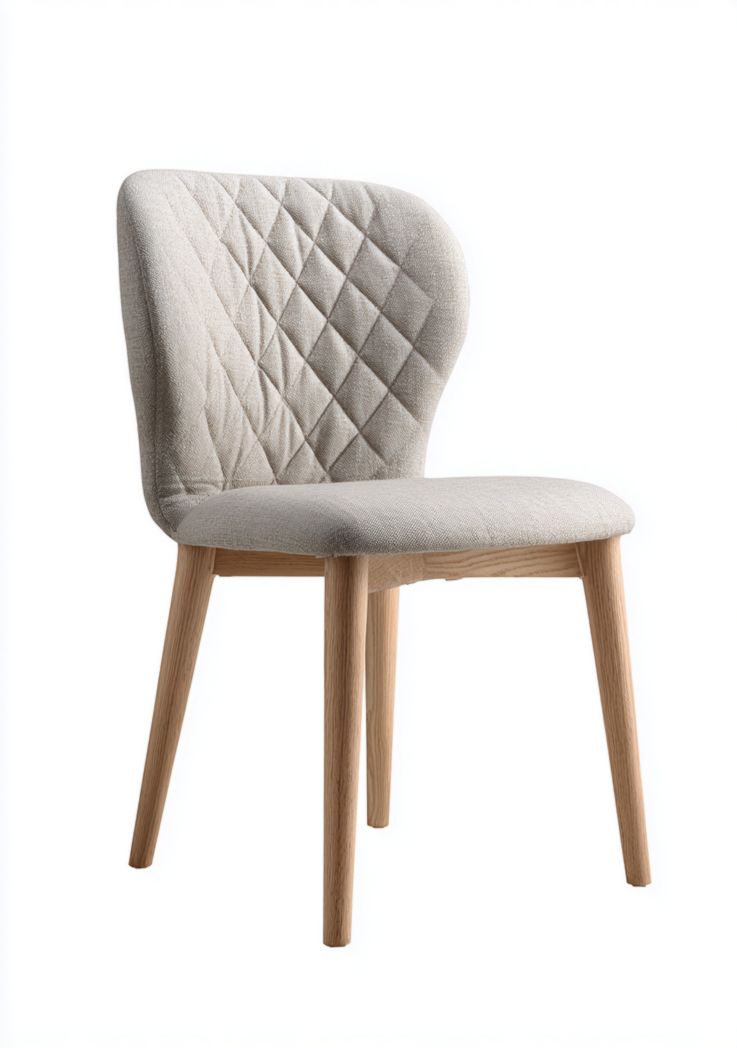Chaise en tissu beige clair avec dossier capitonné à motifs losanges et pieds en bois