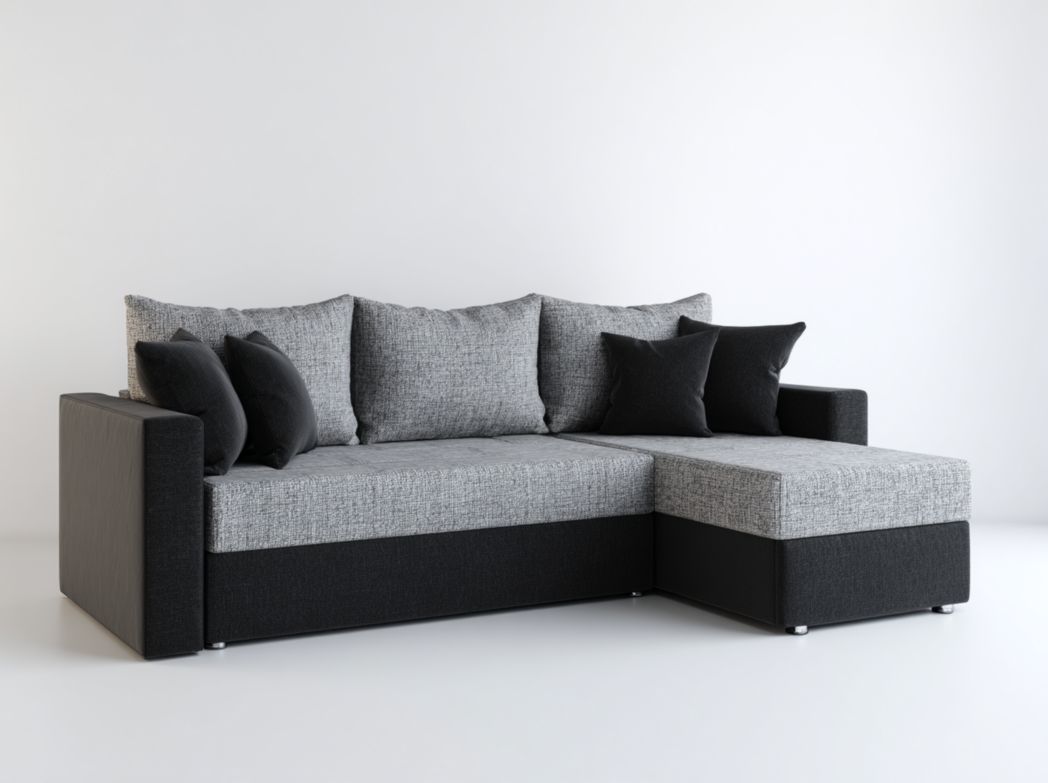 Canapé d’angle bicolore gris/noir en tissu, méridienne droite, 3 dossiers et 4 coussins