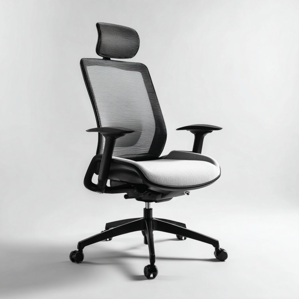 Chaise de bureau en maille noire et grise, dossier haut avec appui-tête, accoudoirs droits et base à cinq branches