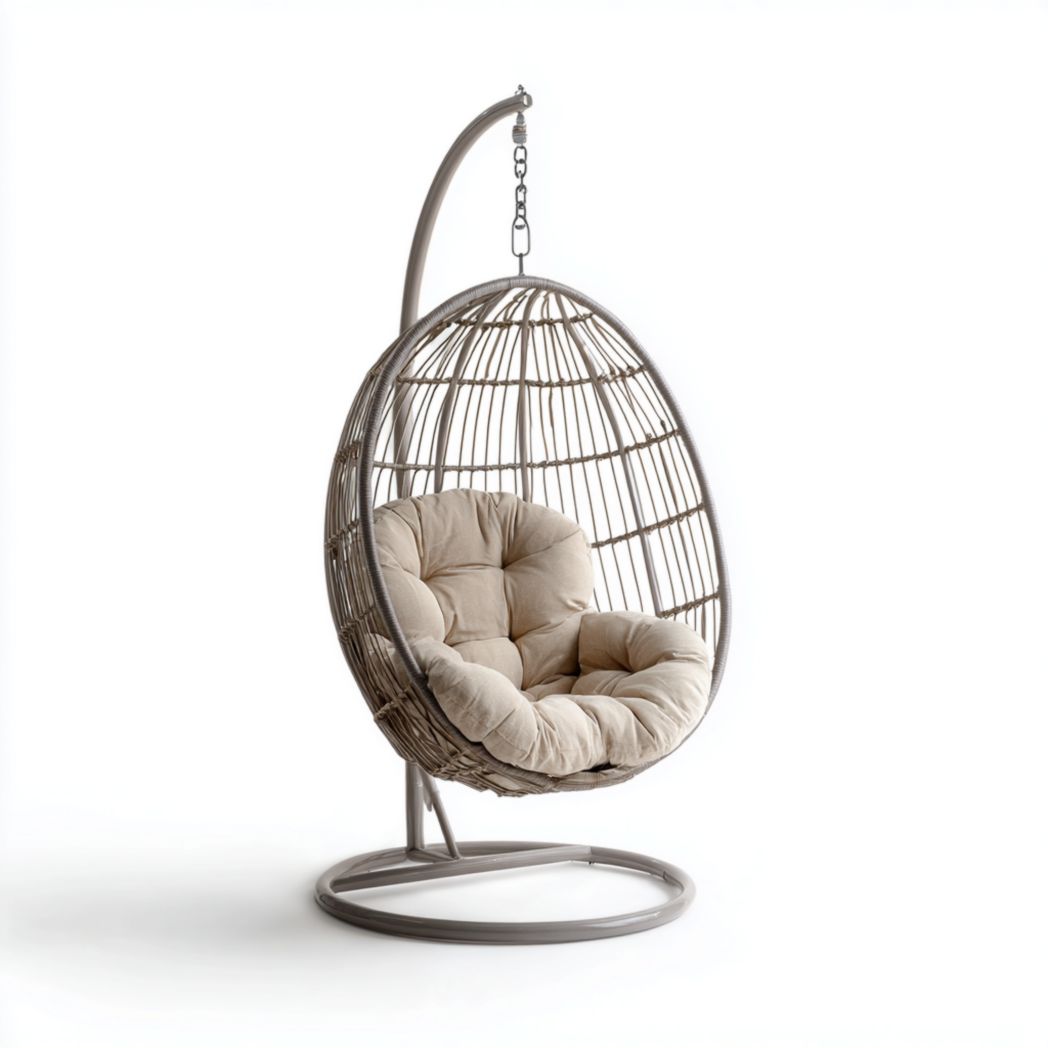 Fauteuil suspendu œuf en métal gris avec panier en rotin et coussin beige