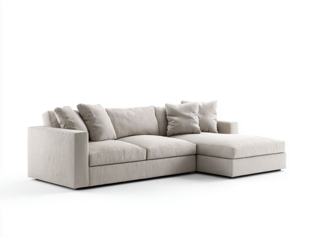 Canapé d’angle en velours côtelé beige avec méridienne droite, 3 dossiers et 4 coussins