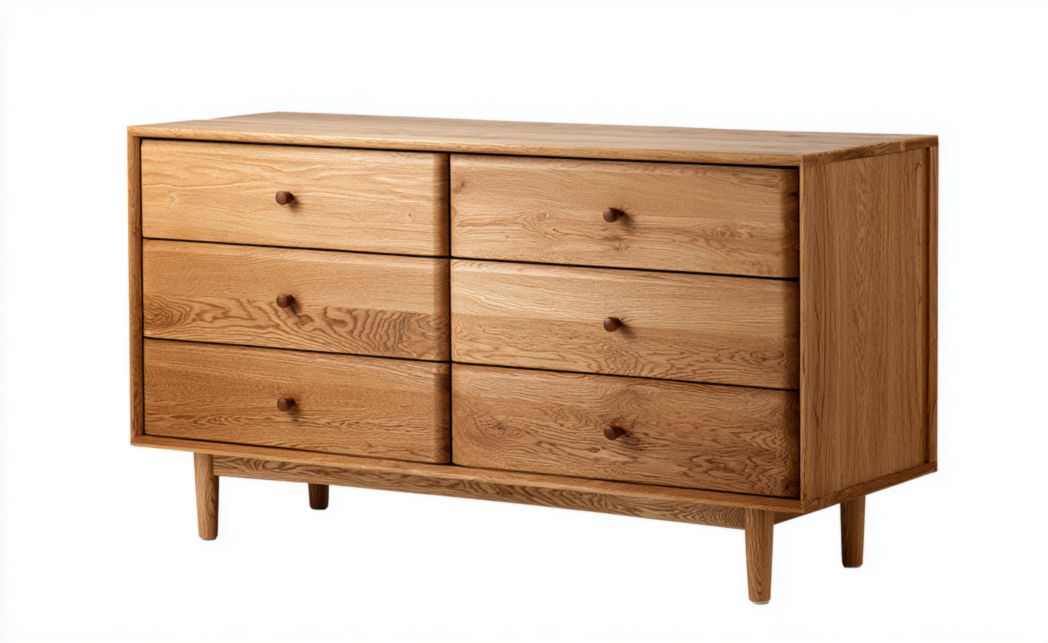 Commode rectangulaire en bois couleur chêne clair à six tiroirs