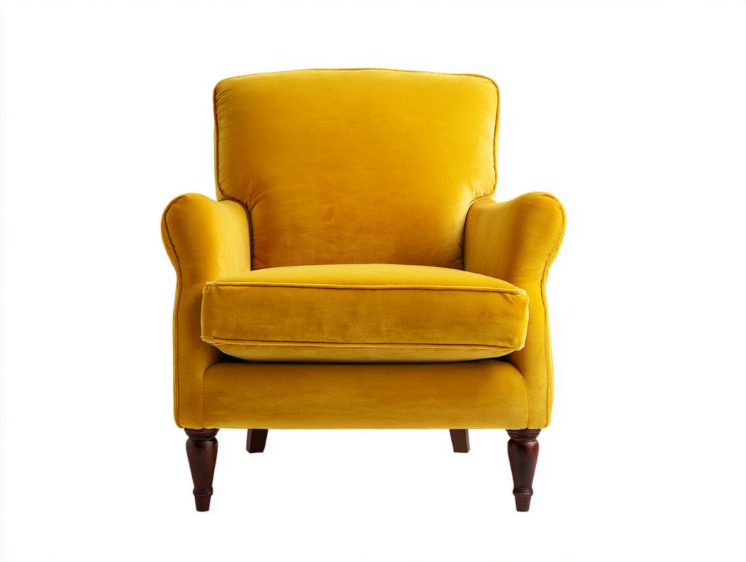 Fauteuil en velours jaune avec accoudoirs et pieds en boisDescription en français (HTML)
