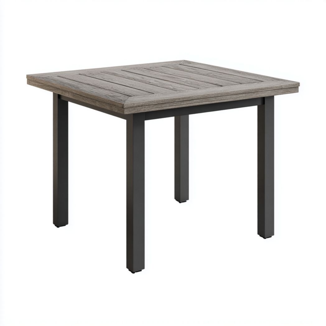 Table carrée plateau effet bois gris pieds métal noir