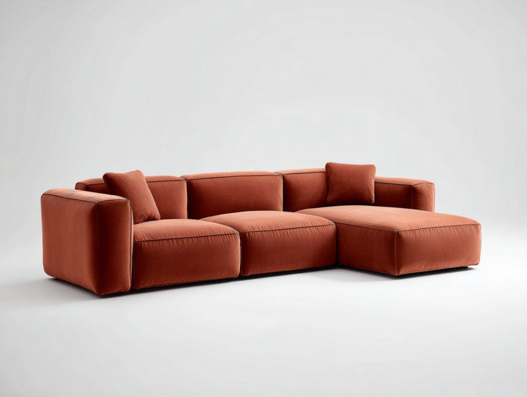 Canapé d’angle tissu brun rouge 3 dossiers 2 coussins